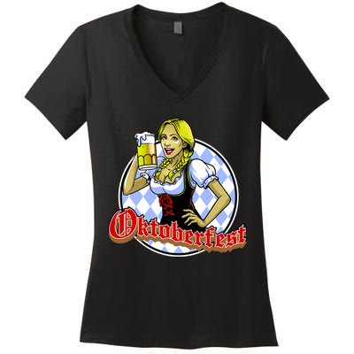 Bavarian Girl With A Glass of Beer Celebrating Oktoberfest Women's V-Neck T-Shirt