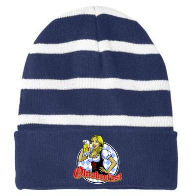 Bavarian Girl With A Glass of Beer Celebrating Oktoberfest Striped Beanie with Solid Band