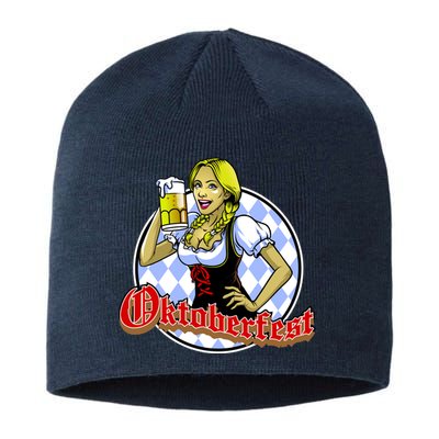 Bavarian Girl With A Glass of Beer Celebrating Oktoberfest Sustainable Beanie