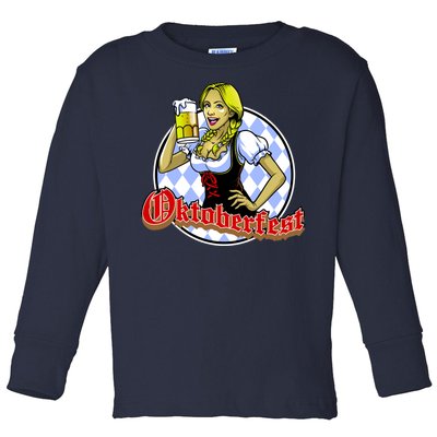 Bavarian Girl With A Glass of Beer Celebrating Oktoberfest Toddler Long Sleeve Shirt