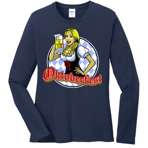 Bavarian Girl With A Glass of Beer Celebrating Oktoberfest Ladies Long Sleeve Shirt