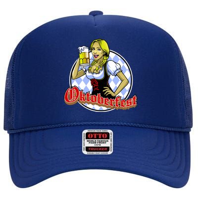 Bavarian Girl With A Glass of Beer Celebrating Oktoberfest High Crown Mesh Back Trucker Hat