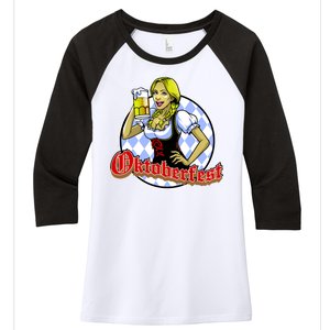 Bavarian Girl With A Glass of Beer Celebrating Oktoberfest Women's Tri-Blend 3/4-Sleeve Raglan Shirt