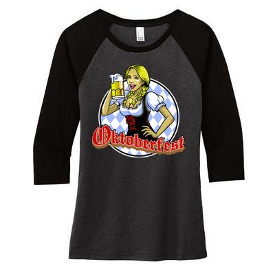 Bavarian Girl With A Glass of Beer Celebrating Oktoberfest Women's Tri-Blend 3/4-Sleeve Raglan Shirt