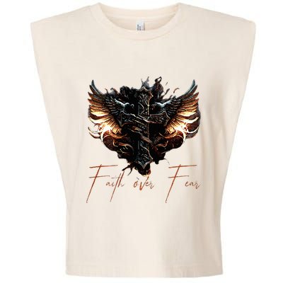 Biker Angel Wings Christian Cross Faith Over Fear On Back Garment-Dyed Women's Muscle Tee