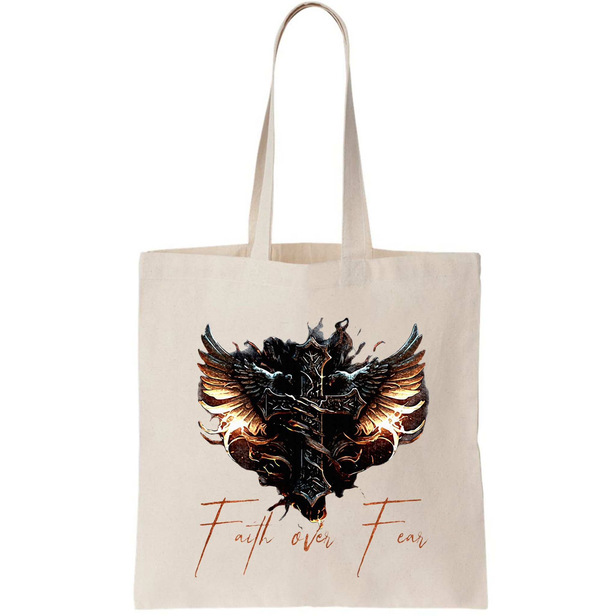 Biker Angel Wings Christian Cross Faith Over Fear On Back Bag