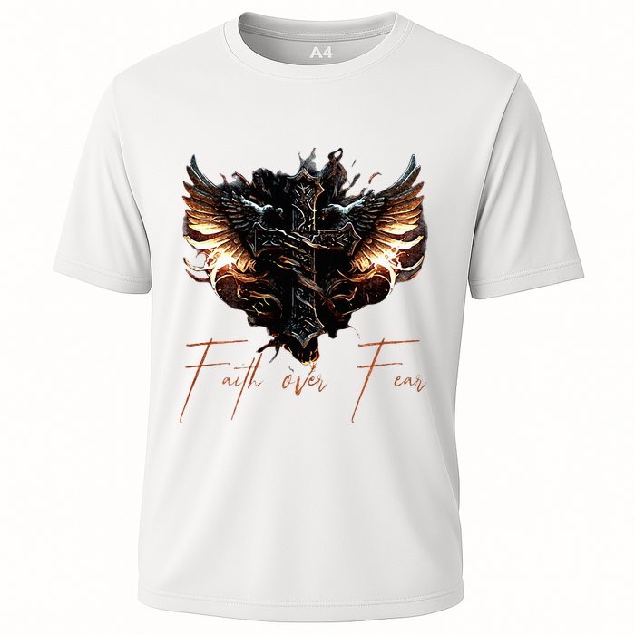 Biker Angel Wings Christian Cross Faith Over Fear On Back Cooling Performance Crew T-Shirt