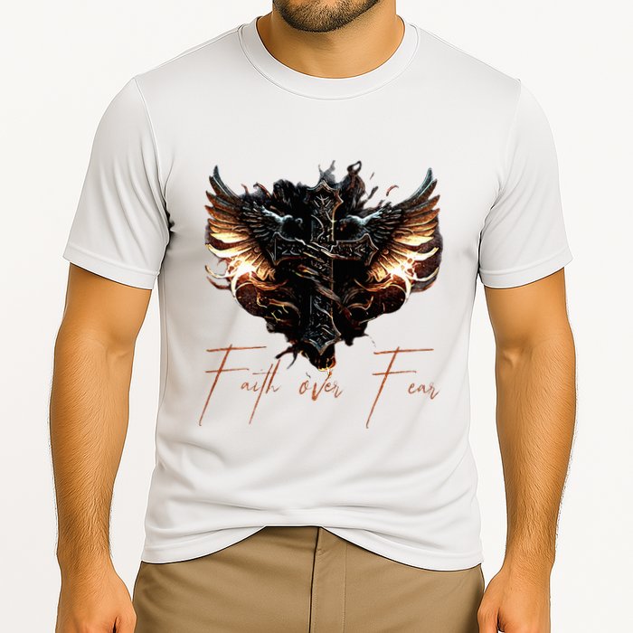 Biker Angel Wings Christian Cross Faith Over Fear On Back Cooling Performance Crew T-Shirt