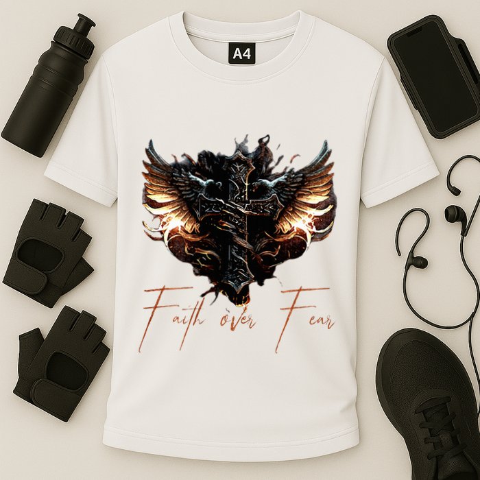 Biker Angel Wings Christian Cross Faith Over Fear On Back Cooling Performance Crew T-Shirt