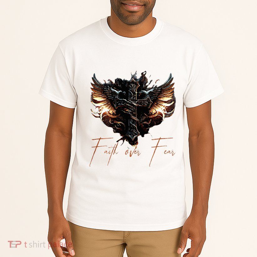Biker Angel Wings Christian Cross Faith Over Fear On Back Tall T-Shirt
