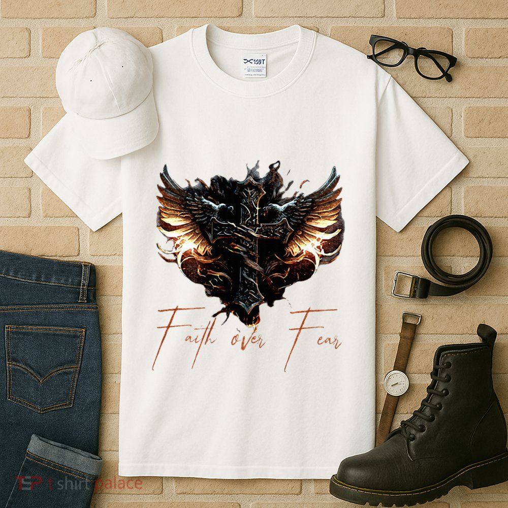 Biker Angel Wings Christian Cross Faith Over Fear On Back Tall T-Shirt