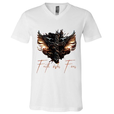 Biker Angel Wings Christian Cross Faith Over Fear On Back V-Neck T-Shirt