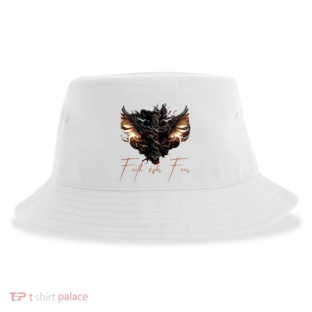 Biker Angel Wings Christian Cross Faith Over Fear On Back Sustainable Bucket Hat
