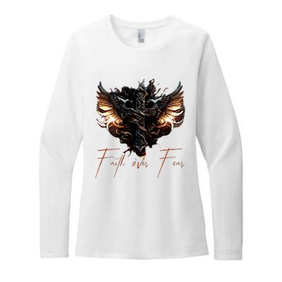 Biker Angel Wings Christian Cross Faith Over Fear On Back Womens CVC Long Sleeve Shirt