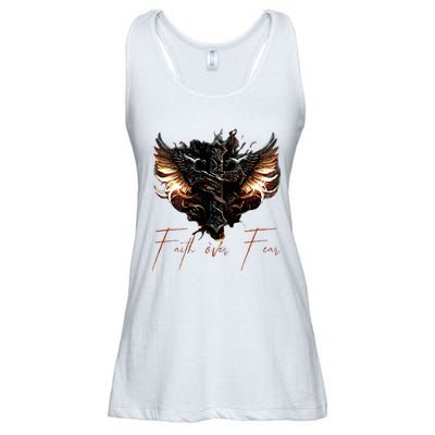 Biker Angel Wings Christian Cross Faith Over Fear On Back Ladies Essential Flowy Tank