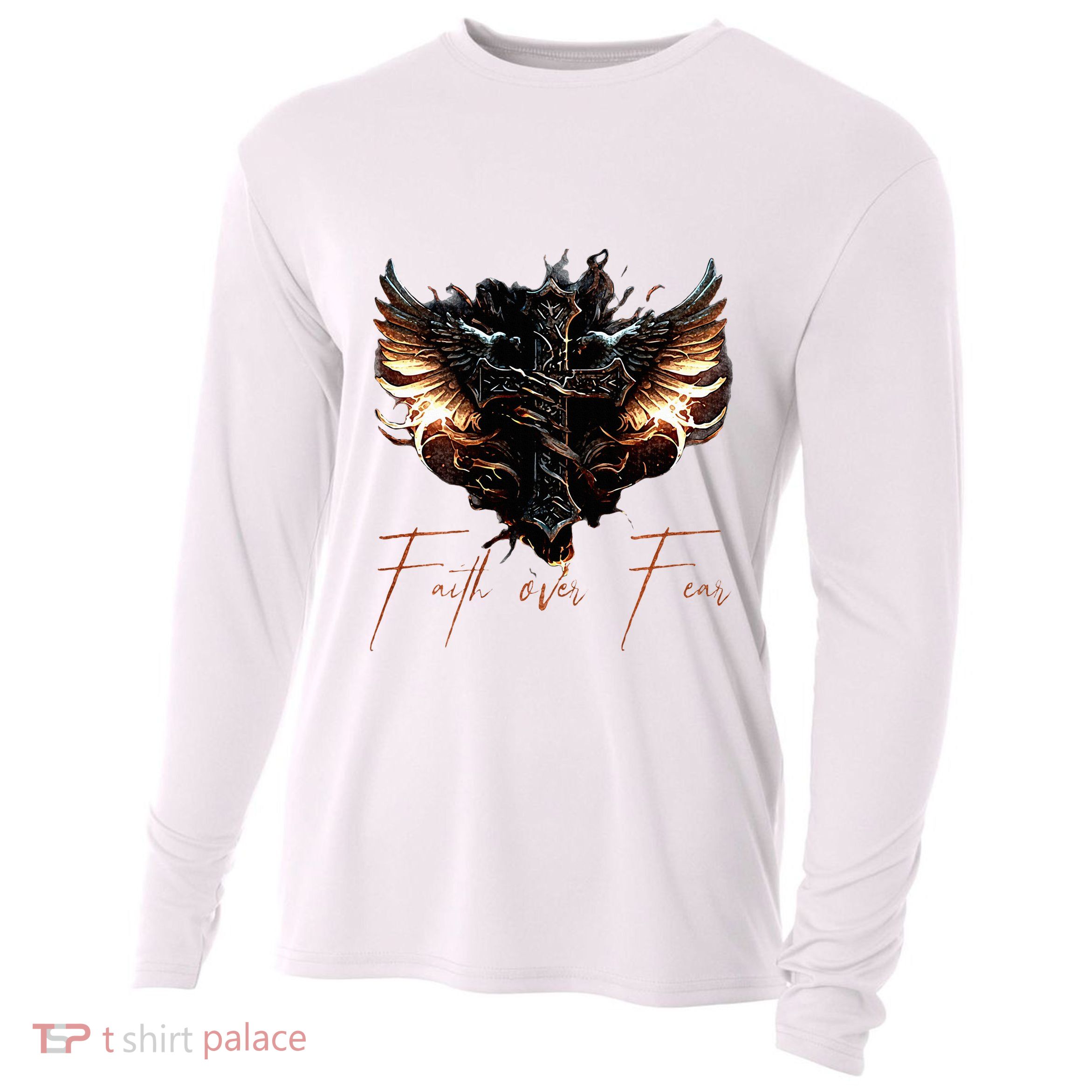 Biker Angel Wings Christian Cross Faith Over Fear On Back Cooling Performance Long Sleeve Crew
