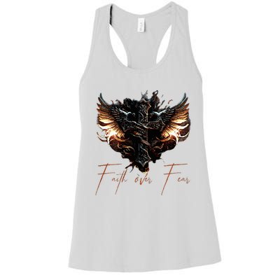 Biker Angel Wings Christian Cross Faith Over Fear On Back Women's Racerback Tank