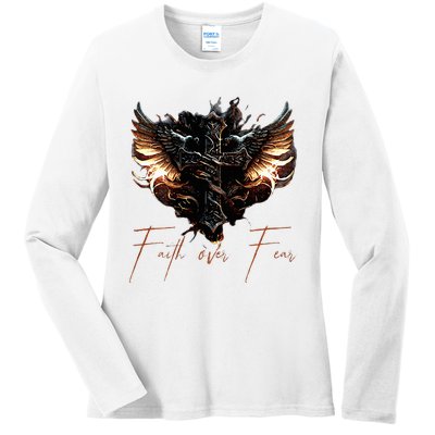 Biker Angel Wings Christian Cross Faith Over Fear On Back Ladies Long Sleeve Shirt