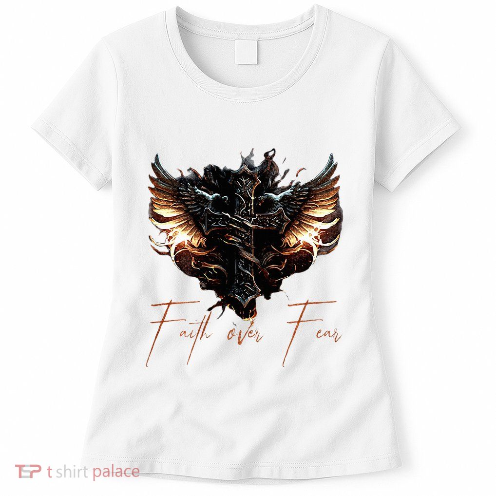 Biker Angel Wings Christian Cross Faith Over Fear On Back Womens T-Shirt