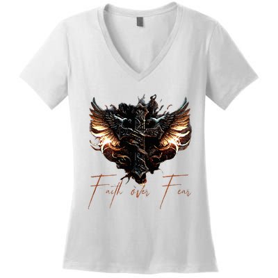 Biker Angel Wings Christian Cross Faith Over Fear On Back Women's V-Neck T-Shirt