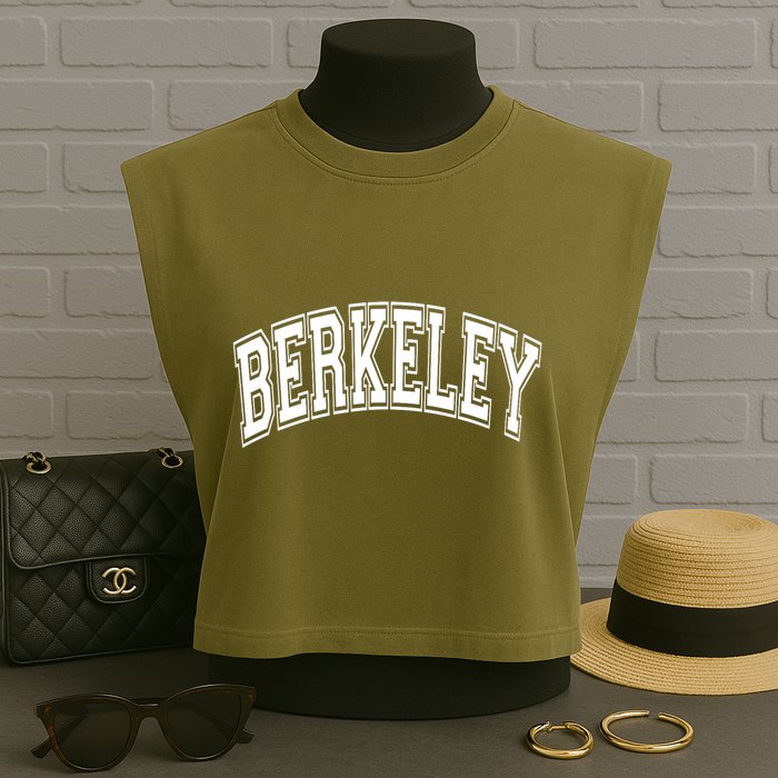 Berkeley Arched White Text Garment-Dyed Women's Muscle Tee