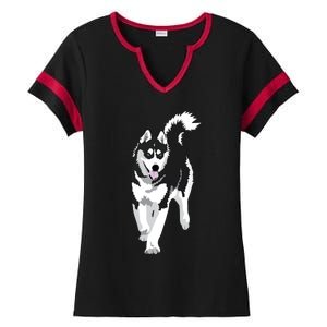 Black And White Siberian Husky Snow Dog Ladies Halftime Notch Neck Tee