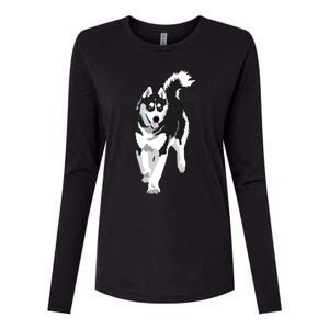 Black And White Siberian Husky Snow Dog Womens Cotton Relaxed Long Sleeve T-Shirt