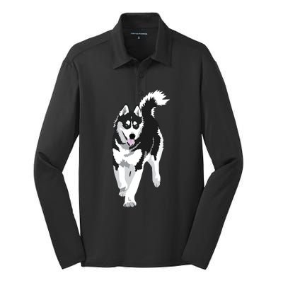 Black And White Siberian Husky Snow Dog Silk Touch Performance Long Sleeve Polo