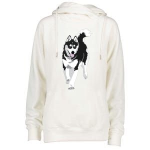 Black And White Siberian Husky Snow Dog Womens Funnel Neck Pullover Hood