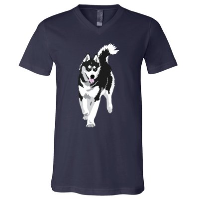 Black And White Siberian Husky Snow Dog V-Neck T-Shirt