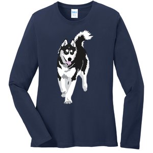 Black And White Siberian Husky Snow Dog Ladies Long Sleeve Shirt