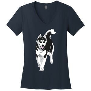 Black And White Siberian Husky Snow Dog Women's V-Neck T-Shirt