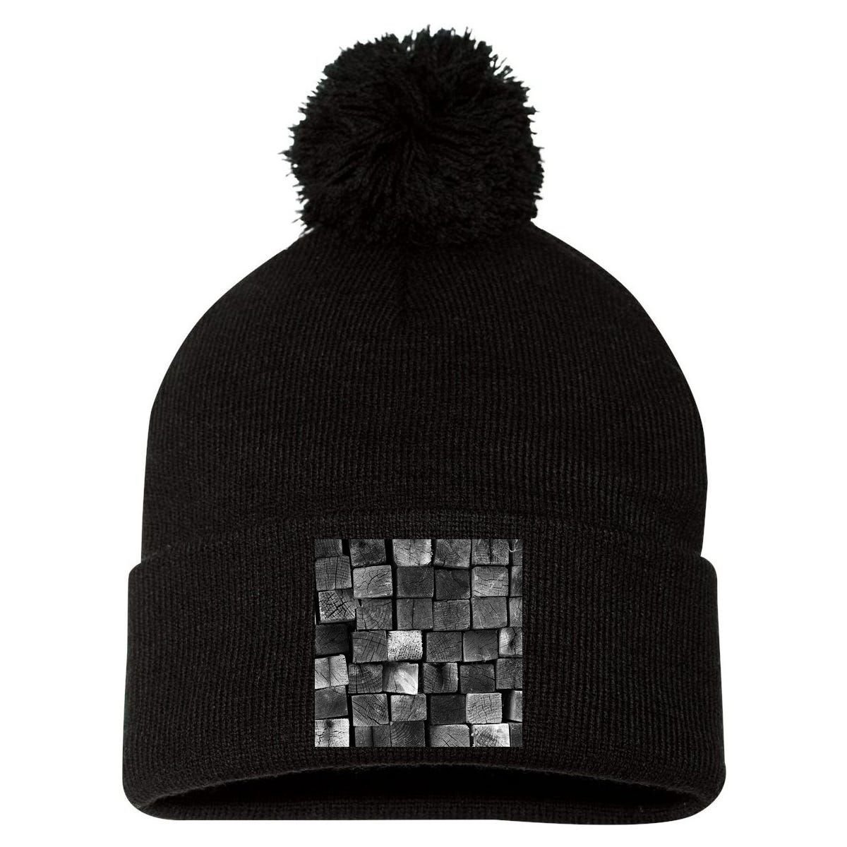 Black and white wood Bricks texture Pattern  Pom Pom 12in Knit Beanie