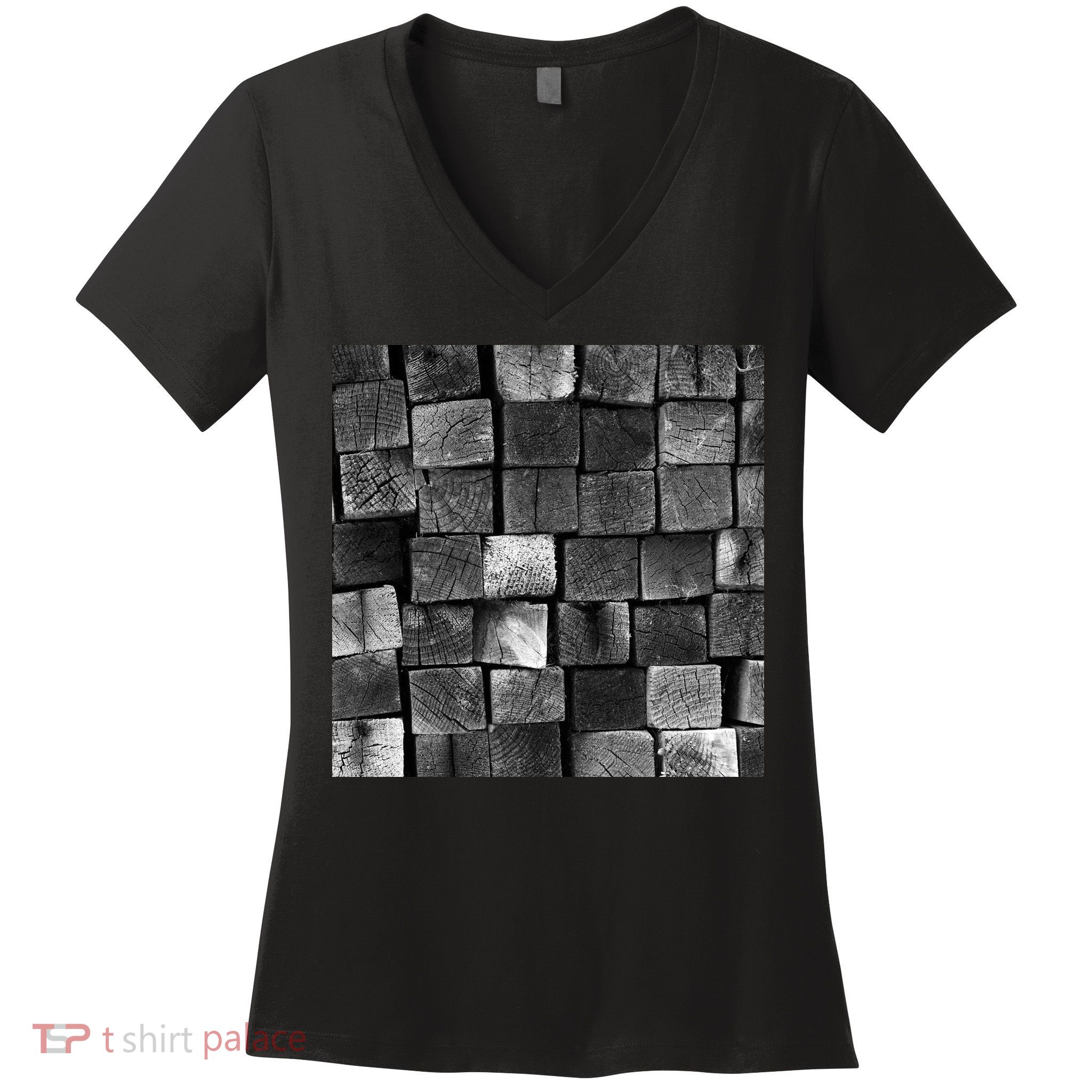 Black and white wood Bricks texture Pattern  Women's V-Neck T-Shirt