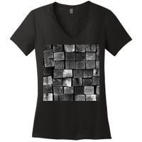 Black and white wood Bricks texture Pattern  Women's V-Neck T-Shirt