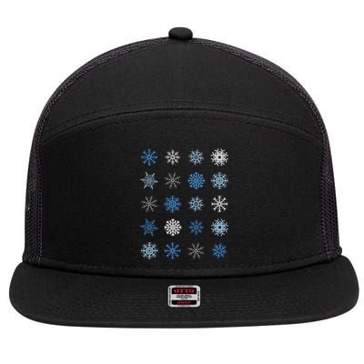 Blue And White Snowflakes Stacked Christmas Great Gift 7 Panel Mesh Trucker Snapback Hat