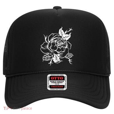 Black And White Peony Tattoo High Crown Mesh Back Trucker Hat