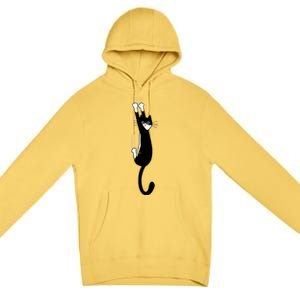 Black And White Cat Hanging On Funny Tuxedo Cat Lovers Premium Pullover Hoodie