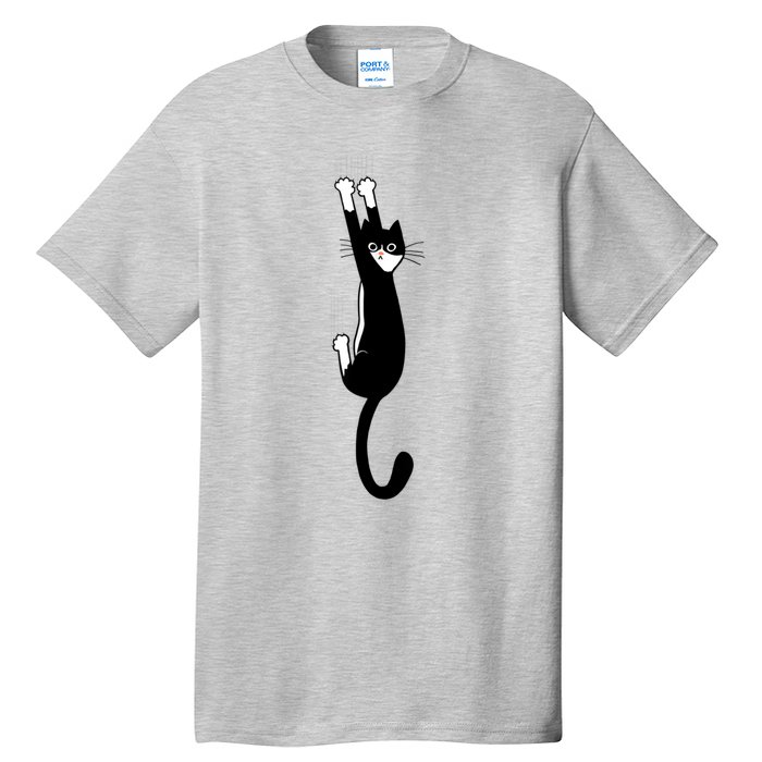 Black And White Cat Hanging On Funny Tuxedo Cat Lovers Tall T-Shirt