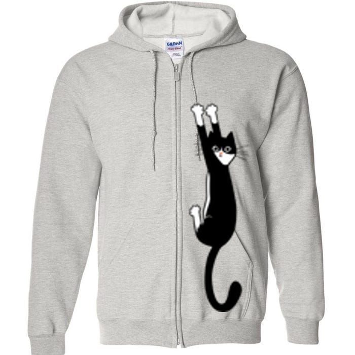 Black And White Cat Hanging On Funny Tuxedo Cat Lovers Full Zip Hoodie