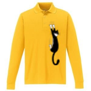 Black And White Cat Hanging On Funny Tuxedo Cat Lovers Performance Long Sleeve Polo