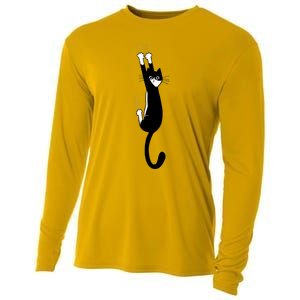 Black And White Cat Hanging On Funny Tuxedo Cat Lovers Cooling Performance Long Sleeve Crew