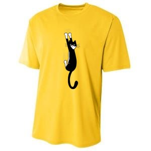 Black And White Cat Hanging On Funny Tuxedo Cat Lovers Performance Sprint T-Shirt