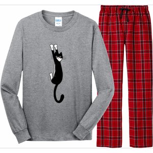 Black And White Cat Hanging On Funny Tuxedo Cat Lovers Long Sleeve Pajama Set