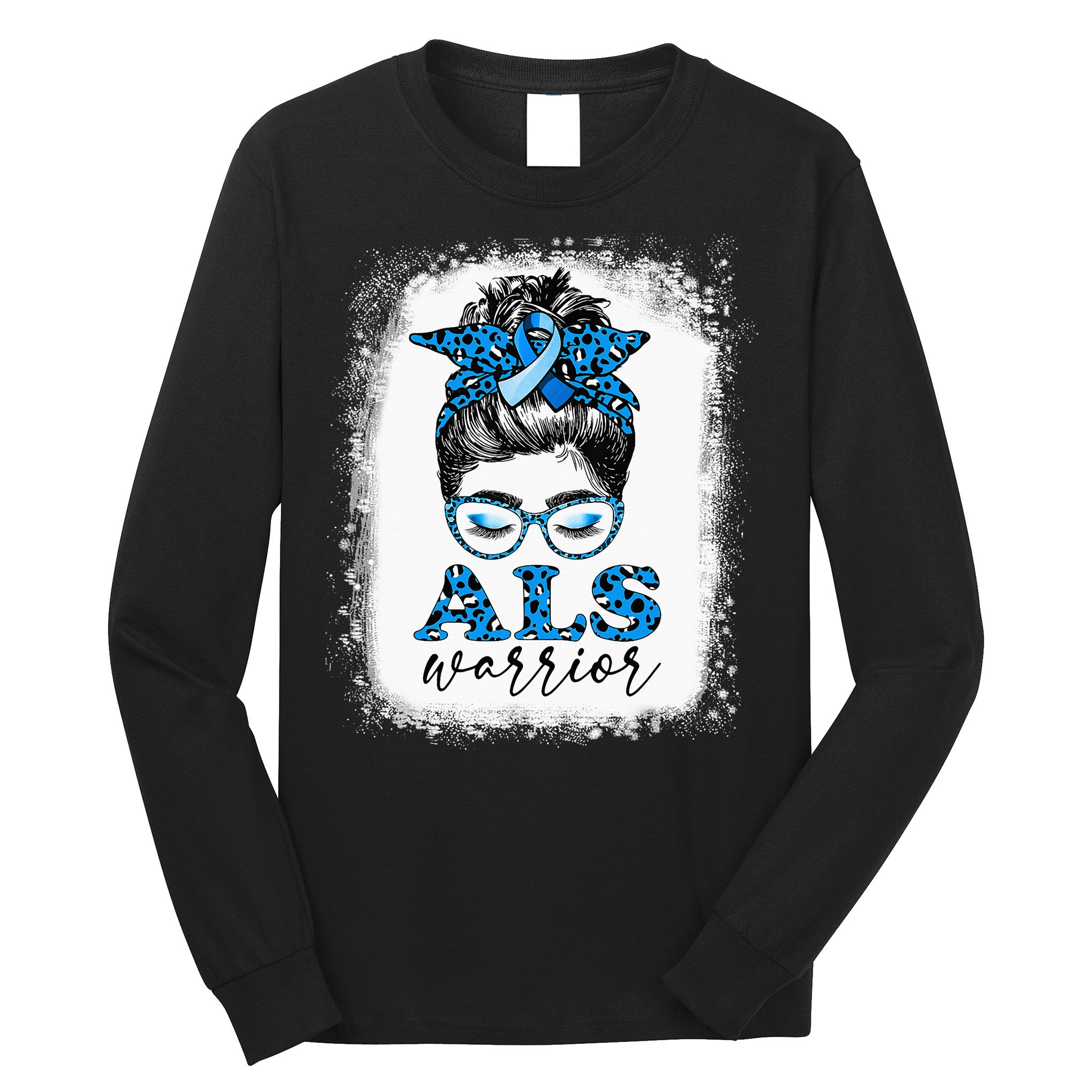 Bleached ALS Warrior Leopard Messy Hair Bun ALS Awareness Long Sleeve Shirt