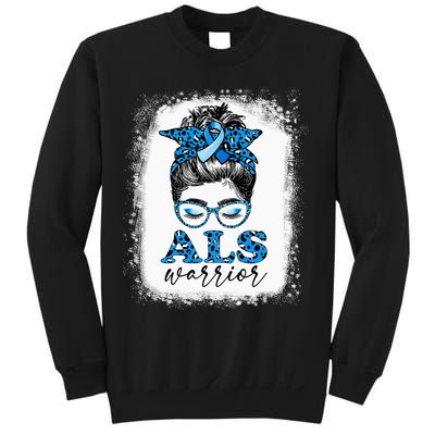 Bleached ALS Warrior Leopard Messy Hair Bun ALS Awareness Sweatshirt