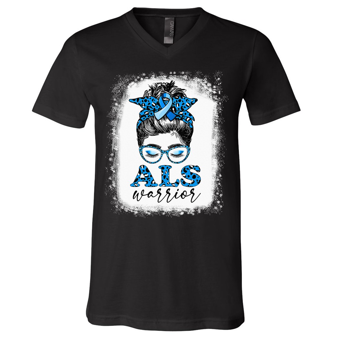 Bleached ALS Warrior Leopard Messy Hair Bun ALS Awareness V-Neck T-Shirt