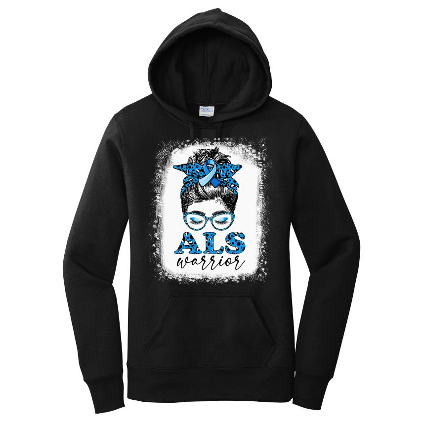 Bleached ALS Warrior Leopard Messy Hair Bun ALS Awareness Women's Pullover Hoodie