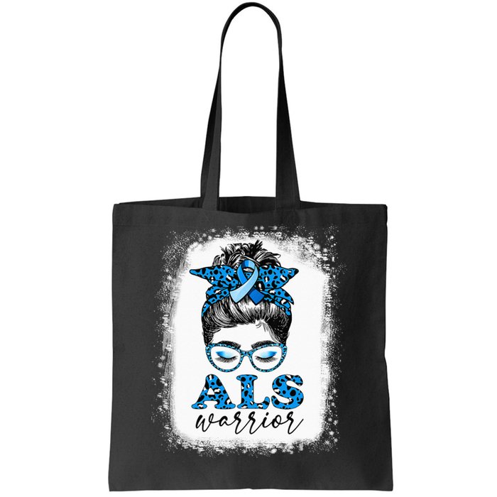 Bleached ALS Warrior Leopard Messy Hair Bun ALS Awareness Tote Bag