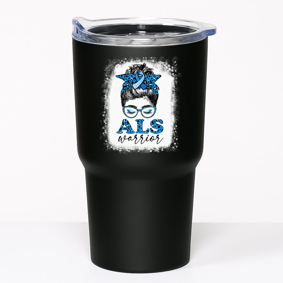 Bleached ALS Warrior Leopard Messy Hair Bun ALS Awareness Tumbler